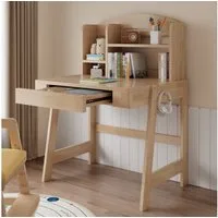 Flieks Kinderschreibtisch Höhenverstellbar, mit Schubladen & Bücherregal & Haken (B88/T60/H108-118 cm, 1-St., 1 Tsich), Multifunktionaler Schreibtisch aus Massivholz Naturfarben, ab 6 Jahren