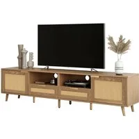Merax Lowboard Holz mit 2 Schubladen und 2 Türen, Fernsehtisch mit Rattangeflecht Design,TV-Board