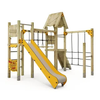 Professioneller Spielturm für öffentliche Plätze - Kletterturm mit Rutsche, Netz, Wackelbrücke & Motorikwand - 9x9 cm Pfostenstärke - Wickey
