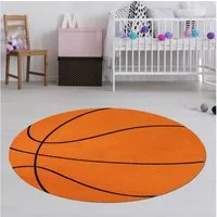 TeppichHome24 Kinderteppich Runder Basketball Teppich für Kinderzimmer in Orange Schwarz, Rund