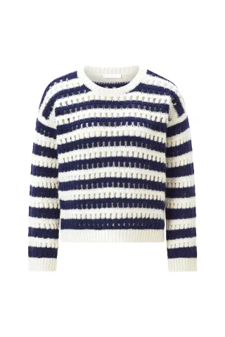 Rich & Royal - Striped ajour crew neck midnight blue - Gr. - S
