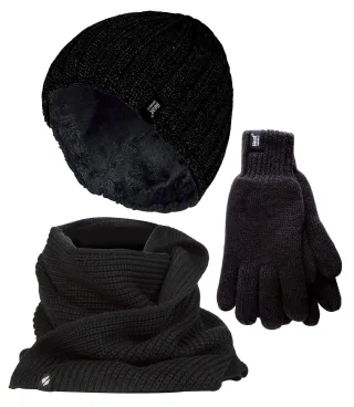 Herren Strickmütze Mütze Schal Handschuhe Set | Wärmehalter | Luxus weiches Fleece gefüttert Winter Set für kaltes Wetter - Schwarz