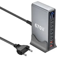 AUDEW 670W 8-Port LCD USB-Ladegerät (6× USB-C PD, 2× USB-A, Digitalanzeige GaN Schnellladegerät, Smartphone Laptop Ladegerät, Desktop-Ladestation)