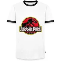 Spreadshirt T-Shirt Jurassic Park Klassisches Logo In Rot Mit T-Rex Männer Kontrast T-Shir (1-tlg)