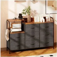 HOMCOM Kommode mit 8 Schubladen aus Vliesstoff Ladestation Haken Stahlrahmen (Schubladenschrank, 1 St., Aufbewahrungsschrank), für Flur, Schlafzimmer, Wohnzimmer, Rustikal-Braun+Schwarz