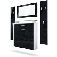 Vladon Garderoben-Set Malea, (Garderobenset bestehend aus 1 Hängeschuhschrank, 1 Wandspiegel und 2 Garderobenpaneele), Weiß matt/Schwarz Hochglanz