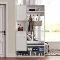 Flieks Garderoben-Set mit Schuhschrank, Sitzbank, 4 Haken, Pegboard, Türen & Schubladen, (1-St., 100×180×35 cm (B×H×T), Garderobenständer mit Schuhregal, Sitzfläche und Kleiderstange Weiß