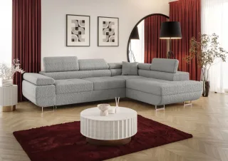 Ecksofa Schlafsofa Sofa MONARO Stoff Quelle Hellgrau Ottomane Rechts