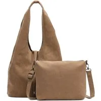 ITALYSHOP24 Schultertasche Damen Tasche Set 2in1 Shopper Hobo Bag Handtasche Crossbody Velours (Spar-Set 2 in1 Hobo + Crossbody Bag / Schmucktasche, Leichtgewicht, Wildleder Optik), Umhängetasche Workbag Body Bag Beuteltasche Freizeit Wildleder Optik