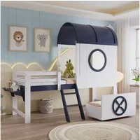 Merax Hochbett (Etagenbett Jugendbett Hausbett Einzelbett, 1-St., Kieferholz) Kinderbett 90x200cm mit Dach Fenster Schublade Schrägleiter Regal