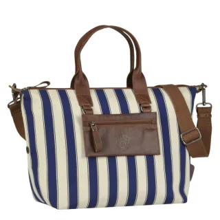 Shopper Damen 2in1 A4-Format Stoff navy striped | Berba Jacoba Umhängetasche mit Lederbesatz. Funktionale Handtasche für den organisierten Büro-Alltag