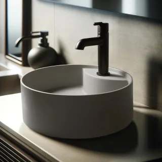 Neuesbad Serie 600 Mineralguss Aufsatzwaschtisch mit Armaturenbank, grau metallic, D: 360mm NB1CQS_SU4B1