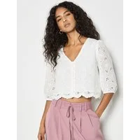 Apricot Spitzenshirt Top mit Gänseblümchen-Broderie-Anglaise-Knöpfen Stickerei