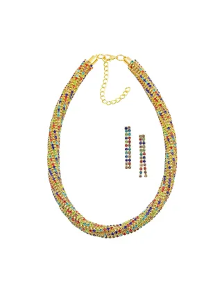 Steuer Modeschmuck Set Kette Ohrringe Metall 40+6,0cm glanz Glasstein multi