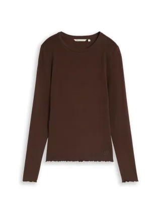 Denim Tom Tailor - longsleeve T-shirt with frill edge cool dark brown - Gr. - L