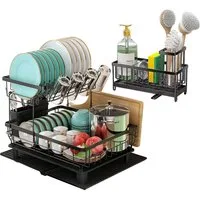 SURFOU Geschirrständer Geschirrabtropfgestell 2-Tier Abtropfgestell Spülbecken Organizer Set, Zubehör für ideal für Teller, Gläser, Töpfe und Besteck, Großer Stauraum, 360° drehbarem Ablaufrohr, rostfrei, antibakteriell und pflegeleicht, Hochwertiger