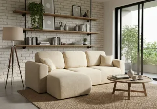 Ecksofa mit Schlaffunktion BRUSK Sofa in Stoff Pop Creme Ottomane Links