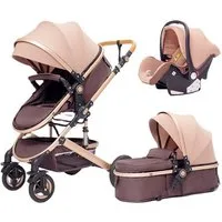 TPFFamily Kombi-Kinderwagen Baby Buggy Babyschale Babywanne 5-Punkt-Sicherheitsgurt Getränkehalter, Sicherheitsschlaufe Kinderwagen 3 in 1 mit Stoßfederung- Khaki