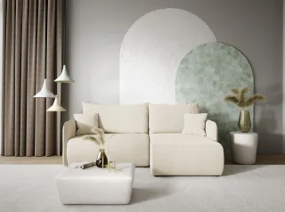Ecksofa Sofa mit Schlaffunktion CALGARY Stoff Curio Creme Ottomane Rechts