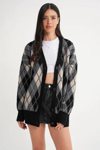 Übergrößen Argyle V-Ausschnitt Knopfpullover
