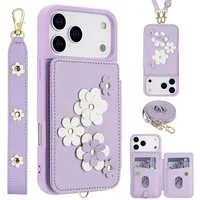 Wigento Handyhülle Für Apple iPhone 17 Pro Crossbody Kunstleder Blumenmotiv Hülle Lila, Mit Kartenfächern, Gurt, Kickstand-Funktion