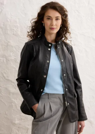bonprix Lederjacke aus Lammnappa, schwarz, Gr.36, Klassische Lederjacke mit Stehkragen und aufwändigen Details, aus Nappaleder