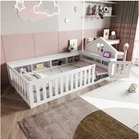 Merax Kinderbett mit Dach und Fenster (Massivholz Einzelbett Jugendbett, 1-tlg), Bodenbett 90x200cm mit Sicherheitsgitter Tür Ablagefächern & Stauraum
