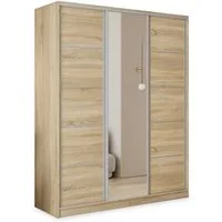 Masseno Schwebetürenschrank PINA 150 cm Kleiderschrank mit Spiegel 3 Türen Eiche Sonoma