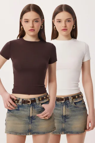 Slim Fit Rundhals-Crop-Top 2er-Pack T-Shirt