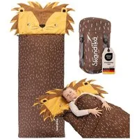 Skandika Kinderschlafsack Soti, für Kinder bis 150 cm, Kopfkissen, buntes Design Löwe (maschinenwaschbar, Kopfteil, in Tierform und mit Tiermotiv bedruckt), mit Baumwollflanell, Komfort-Temperaturen von 13 °C bis 3 °C