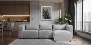 Ecksofa Designersofa NEVIO in Stoff Lincoln Grau Ottomane Rechts