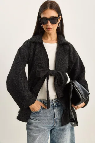 Strukturierter Übergroßer V-Ausschnitt Cardigan mit Bindegürtel