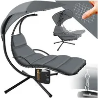 tectake Hängesessel Hängeliege mit Seitentasche, ergonomisch, 195 x 132 x 197 cm (Hängekorb Elaria, für indoor und outdoor in grau), großes Sonnendach mit UV-Schutz, stabil und strapazierfähig