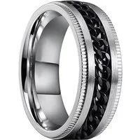 Taffstyle Fingerring Ring Spinner bewegliche Kette Silber Schwarz Größe 55 (17.5) (Bandring Biker Schmuck Geschenke für Männer Herren), Edelstahl spinning Drehring Partner Fingerring Herrenring