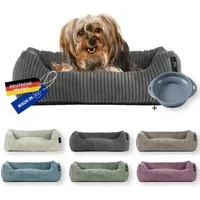 Rohrschneider Tierbett Hundebett Cord für kleine Hunde mit waschbarem Bezug inkl. Futternapf, antiruschbeschichtete Unterseite