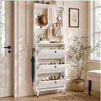 Merax Garderoben-Set, (1-St., Kompakte Diele, Garderobenschrank, 66x17x180cm), Flurgarderobe mit Schuhschrank, 3 Klapptüren, Haken & Kleiderstange