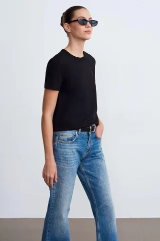 Damen Unifarbene Rundhalsausschnitt T-Shirt