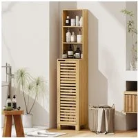 HOMCOM Badkommode mit 3 offenen Regalen, verstellbaren Regalen, Lamellentür (Badezimmerschrank aus Bambus, 1 St., Badschrank), für Badezimmer, Wohnzimmer 34 x 30 x 170 cm, Natur