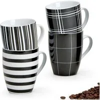 matches21 HOME & HOBBY Tasse Kaffeetassen 4er Set Streifen & Karo-Design, 4-tlg., Porzellan, Tee Kaffee-Becher, klassisch, schwarz weiss gestreift, 300 ml