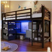 Merax Hochbett 90x200cm mit LED-Beleuchtung (Jugendbett Einzelbett, 1-St) Metallbett Kinderbett mit Stoff-Stauraum, Sitzkissen, Aufhängebereich