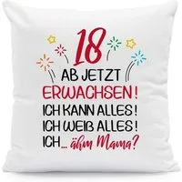 GRAVURZEILE Zierkissen mit Motiv - Ab jetzt erwachsen 18 - zum Geburtstag, starke Farben ohne verblassen, Maschinenwäsche geeignet - ohne Füllung