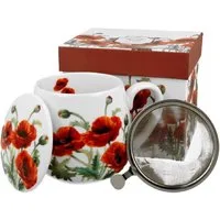 Duo-Gift Becher Tee Tasse mit Teesieb Mug / Fass / Fassbecher / Kaffee Tasse, 3-tlg., Porzellan Mug : Ein 430-ml-Fass, Becher ca. 9,8 x Ø 8 x 12,5 Becherfass mit Teesieb, KLASSISCHE MOHNBLUMEN, Blumen Klassiker, Sommer Blumen / Tiere / Planzen mit Ge