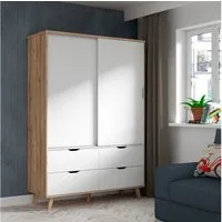 Forte Italy Schiebetürenschrank Vankka Viel Stauraum, skandinavischer Stil (B/H/T ca.140x200x50cm) Made in Europe,mit Einlegeböden+Kleiderstange+Schubladen,grifflos