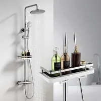 HOMELODY Duschsystem mit Thermostat und Duschablage - Duscharmatur Komplettset schwarz, 2 Strahlart(en), Set, Funktional und hochwertig – für ein rundum perfektes Duscherlebnis., mit runder Regendusche, 3-Strahl-Handbrause, 38 °C Sicherheitssperre