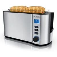 Arendo Toaster Edelstahl, Langschlitz, Display mit Restzeitanzeige, Krümelschublade, 2 lange Schlitze, für 4 Scheiben, 1500 W, Defrost Funktion, Wärmeisolierendes Gehäuse, mit Brötchenaufsatz