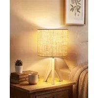 EDISHINE Nachttischlampe Vintage Tischlampe Holz mit Stoffschirm, inkl. Leuchtmittel, LED wechselbar, Warmweiß, Lampenschirm aus Leinen, für Deko, Schlafzimmer, Wohnzimmer