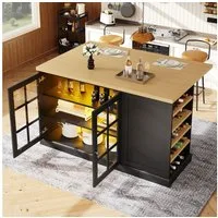 Flieks Kücheninsel mit klapparen Arbeitsplatte in Holzoptik und LED-Beleuchtung, (B120/H90/Tiefe 40-70cm), Multifunktionaler Küchenschrank mit Glastüren und seitlichen Weinregal