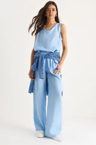 V-Ausschnitt Baumwollbluse-Hosen Zweiteiliges Set
