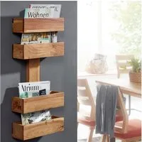 FINEBUY Zeitungsständer SuVa2485_1 Massivholz Zeitschriftenständer Prospekthalter (Akazie Massivholz 30x72x10 cm mit 2 Ablagen), Zeitschriftenständer Wand, Zeitungshalter Modern