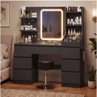 HOMALL Schminktisch Spiegel mit LED-Beleuchtung, 7 Schubladen (Maße: 110 × 40 × 139 cm, drei einstellbare Farbtemperaturen, mit 8 offenen Ablagefächern, 6 Schmuckhaken, 2 Steckdosen, 1 USB-Anschluss, 1 Typ-C-Anschluss und einer Haartrocknerhalterung)